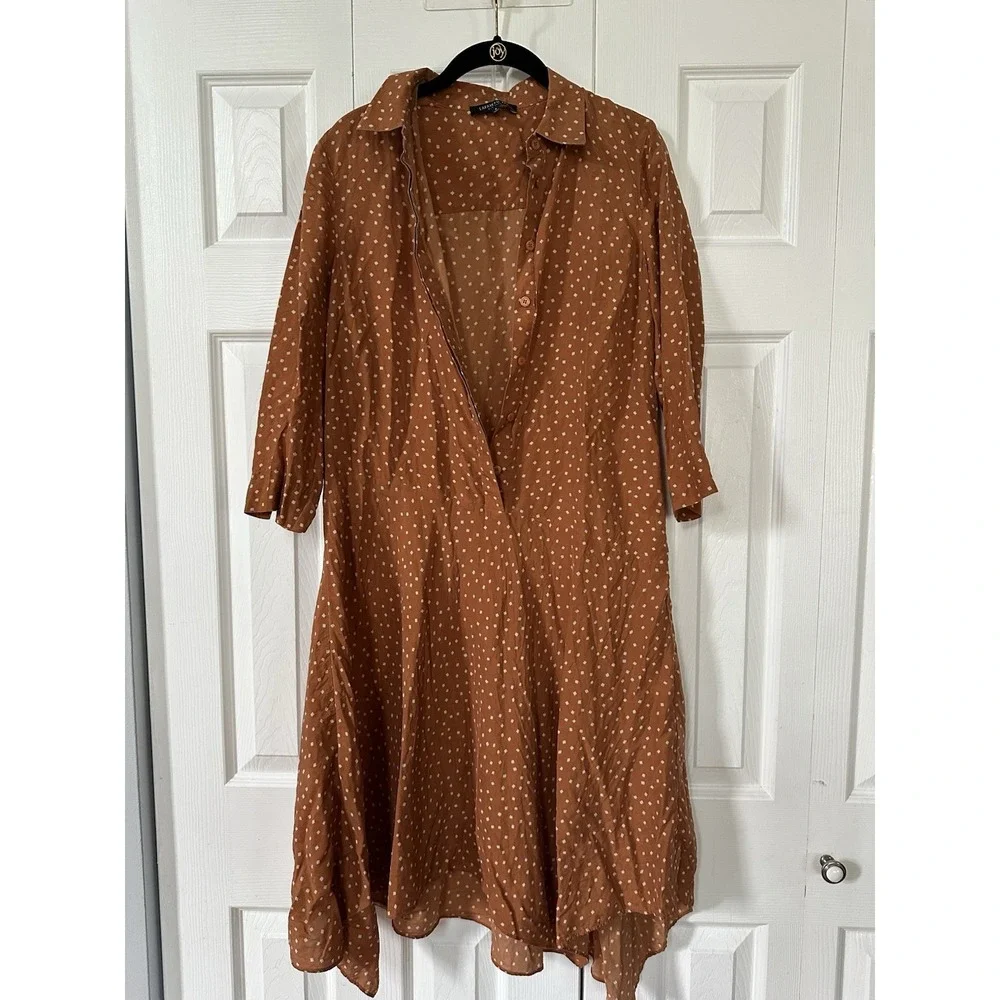 Lafayette 148 Women's Brown 3/4 Sleeve Silk Polka Dot Shirtdress Size 4 No Belt